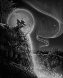 Size: 1500x1850 | Tagged: safe, artist:the1xeno1, princess luna, alicorn, pony, aurora borealis, backlighting, cliff, female, mare, melting, monochrome, moon