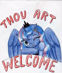 Size: 2417x2825 | Tagged: safe, artist:40kponyguy, derpibooru exclusive, princess luna, alicorn, pony, ear fluff, floppy ears, looking at you, one eye closed, reaction image, simple background, solo, spread wings, traditional art, white background, wings, ye olde english
