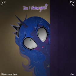 Size: 3500x3500 | Tagged: safe, artist:darkest-lunar-flower, princess luna, alicorn, pony, blushing, female, mare, raised hoof, shrunken pupils, text