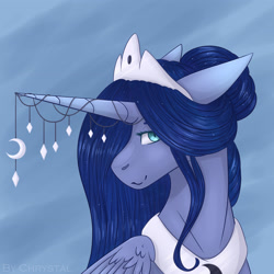 Size: 3622x3622 | Tagged: safe, artist:chrystal_company, princess luna, alicorn, pony, abstract background, alternate hairstyle, bust, female, horn, horn jewelry, jewelry, mare, solo