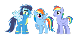 Size: 1935x894 | Tagged: safe, artist:rebron-y, derpibooru import, rainbow blaze, rainbow dash, soarin', pegasus, pony, female, male, shipping, simple background, soarindash, straight, transparent background, vector