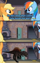 Size: 643x1024 | Tagged: safe, derpibooru import, applejack, rainbow dash, dinosaur, earth pony, pegasus, pony, spinosaurus, exploitable meme, meme, obligatory pony, raptors online, screenshot by lightshot, that door