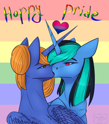 Size: 2598x2953 | Tagged: safe, artist:chrystal_company, oc, oc only, oc:nightmare chrystal, alicorn, pony, unicorn, alicorn oc, bust, female, gay pride, hair bun, heart, horn, lesbian, mare, oc x oc, pride, shipping, unicorn oc, wings