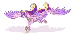 Size: 1024x512 | Tagged: safe, artist:moonrisethemage, princess cadance, alicorn, pony, alternate design, colored wings, feathered fetlocks, female, galloping, hoof shoes, jewelry, large wings, mare, peytral, shoulder feathers, simple background, solo, spread wings, tail feathers, tiara, white background, wings