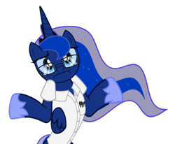 Size: 1280x1057 | Tagged: safe, artist:2snacks, princess luna, alicorn, pony, angry video game nerd, clothes, female, glasses, hoof shoes, looking at you, mare, shrug, shrugpony, simple background, solo, transparent background, two best sisters play, vector