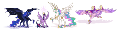 Size: 9600x2400 | Tagged: safe, artist:moonrisethemage, princess cadance, princess celestia, princess luna, twilight sparkle, twilight sparkle (alicorn), alicorn, bat pony, bat pony alicorn, classical unicorn, pony, absurd resolution, alicorn tetrarchy, alternate design, bat ponified, cloven hooves, colored fetlocks, comparison, crown, dragon wings, ethereal fetlocks, ethereal mane, feathered fetlocks, female, galloping, hoof shoes, horn, jewelry, large wings, leonine tail, long horn, lunabat, mare, peytral, quartet, race swap, raised hoof, regalia, royal sisters, shoulder feathers, simple background, sisters, smiling, spread wings, tattered, tattered wings, unshorn fetlocks, white background, wing claws, wings