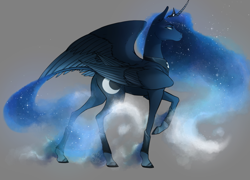 Size: 1024x736 | Tagged: safe, artist:bootsdotexe, princess luna, alicorn, pony, comic:beyond our borders, alternate universe, colored fetlocks, ethereal fetlocks, ethereal mane, female, four wings, gray background, mare, multiple wings, raised hoof, realistic horse legs, simple background, solo, starry mane, unshorn fetlocks, wings