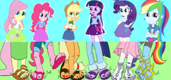 Size: 3556x1670 | Tagged: safe, artist:kuroi-wolf, derpibooru import, edit, screencap, applejack, fluttershy, pinkie pie, rainbow dash, rarity, twilight sparkle, equestria girls, bad edit, flip-flops, mane six, nail polish, sandals, toenails, toes