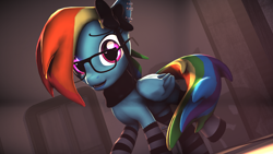 Size: 1920x1080 | Tagged: safe, artist:star-lightstarbright, derpibooru import, rainbow dash, pegasus, pony, 3d, adorkable, bow, clothes, cute, dashabetes, dork, ear piercing, glasses, glowing eyes, hair bow, piercing, scarf, socks, solo, source filmmaker, striped socks