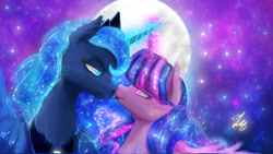 Size: 1024x576 | Tagged: safe, artist:lmkyouki, princess luna, twilight sparkle, twilight sparkle (alicorn), alicorn, pony, boop, ethereal mane, eye contact, fangs, female, frown, lesbian, licking, looking at each other, luna is not amused, mare, moon, night, noseboop, nuzzling, one sided shipping, outdoors, shipping, signature, smiling, smirk, spread wings, stars, tongue out, twiluna, unamused, wings