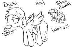 Size: 965x610 | Tagged: safe, artist:nohooves, derpy hooves, rainbow dash, pegasus, pony, flying, monochrome