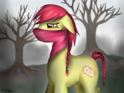 Size: 1032x774 | Tagged: safe, artist:puggie, apple bloom, earth pony, pony, adult, braid, female, mare, mask, red mane, red tail, solo, tree, yellow coat