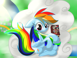 Size: 1600x1200 | Tagged: safe, artist:lovehtf421, derpibooru import, rainbow dash, pegasus, pony, book, cloud, solo