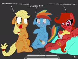 Size: 2048x1536 | Tagged: safe, artist:rihanna bell pepper, derpibooru import, applejack, rainbow dash, oc, earth pony, pegasus, pony, g3, confused, crying, floppy ears, food, movie, popcorn, reaction, scared, trace