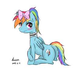 Size: 800x800 | Tagged: safe, artist:kanaowo, derpibooru import, rainbow dash, pegasus, pony, backwards cutie mark, blushing, bow, choker, dock, hair bow, plot, solo