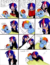 Size: 1700x2200 | Tagged: safe, artist:storypony, rainbow dash, twilight sparkle, babysitting, bed, book, comic, filly, humanized, reading, sleeping, yawn, zzz