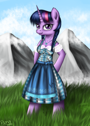 Size: 1280x1800 | Tagged: safe, artist:puggie, twilight sparkle, anthro, bavaria, bavarian, clothes, cloud, dirndl, dress, germany, grass, mountain, oktoberfest, solo, traditional dress