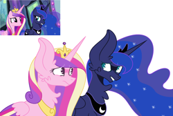 Size: 2740x1836 | Tagged: safe, artist:musicbetmlp, princess cadance, princess luna, alicorn, pony, big ears, chest fluff, colored wings, duo, ethereal mane, eyebrows visible through hair, female, impossibly large ears, jewelry, looking at each other, mare, regalia, scene interpretation, simple background, starry mane, white background, wings, worried