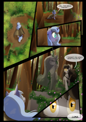 Size: 1240x1754 | Tagged: safe, artist:lunarcakez, princess luna, oc, oc:mazzy, alicorn, earth pony, pony, comic:the origins of hollow shades, bow, comic, female, forest, hair bow, mare, s1 luna, statue