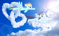 Size: 2000x1250 | Tagged: safe, artist:ponyfiedart, derpibooru import, rainbow dash, soarin', pegasus, pony, cloud, female, goggles, heart, male, race, shipping, smiling, soarindash, straight