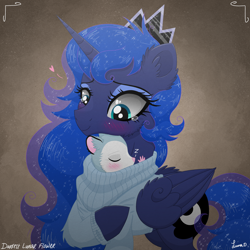 Size: 3500x3500 | Tagged: safe, artist:darkest-lunar-flower, princess luna, tiberius, alicorn, pony, blushing, cheek fluff, clothes, cute, ear fluff, ethereal mane, eyes closed, female, fluffy, heart, lunabetes, mama luna, mare, sleeping, starry mane, sweater, tibblebetes, z