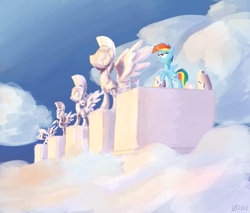 Size: 1280x1088 | Tagged: safe, artist:derkrazykraut, rainbow dash, pegasus, pony, cloud, cloudsdale, cloudy, solo, statue