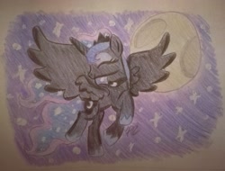 Size: 3857x2929 | Tagged: safe, artist:prinrue, princess luna, alicorn, pony, flying, moon, night, smiling, solo, traditional art