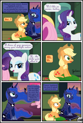 Size: 3254x4838 | Tagged: safe, artist:gutovi, applejack, fluttershy, pinkie pie, princess luna, rainbow dash, rarity, twilight sparkle, alicorn, earth pony, pegasus, pony, unicorn, comic:why me!?, bed, broken window, comic, cushion, mane six, sweat