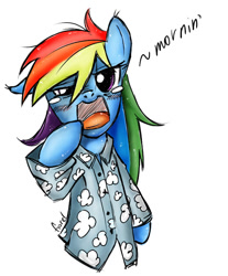 Size: 631x762 | Tagged: safe, artist:fiarel, rainbow dash, pegasus, pony, clothes, colored, morning ponies, pajamas, solo, yawn