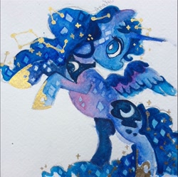 Size: 1283x1279 | Tagged: safe, artist:analioth, princess luna, alicorn, pony, diamond eyes, female, looking back, mare, simple background, solo, watercolor painting, white background