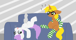 Size: 1200x640 | Tagged: safe, artist:nootaz, oc, oc:rock, oc:sophi, earth pony, pony, unicorn, chest fluff, clothes, commission, cute, male, socks, sofa, striped socks