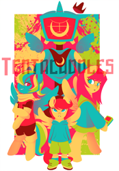 Size: 900x1291 | Tagged: safe, artist:tentacuddles, fluttershy, rainbow dash, scootaloo, pegasus, pony, bipedal, flcl