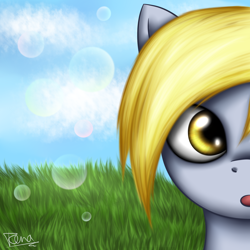 Size: 1800x1800 | Tagged: safe, artist:puggie, derpy hooves, pegasus, pony, avatar, bubble, bust, cross-eyed, female, grass, icon, mare, open mouth, portrait, sky, solo, wide eyes