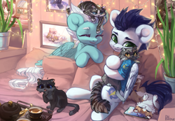 Size: 3257x2256 | Tagged: safe, artist:graypillow, fleetfoot, princess luna, soarin', alicorn, cat, pegasus, pony, apple (company), backwards cutie mark, clothes, cup, cute, drink, duo, female, iphone, iphone x, male, mare, plant, shirt, sitting, slice of life, stallion, teacup, teapot, wonderbolts dress uniform