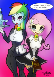 Size: 707x1000 | Tagged: safe, artist:clopplots, derpibooru import, fluttershy, rainbow dash, equestria girls, breasts, clothes, collar, fanfic, fanfic art, fanfic cover, female, humanized, maid, master, mind control, pony coloring, rainboob dash, speech, tray, waitress