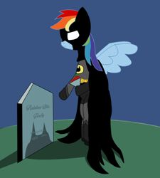 Size: 1280x1422 | Tagged: safe, rainbow dash, pegasus, pony, batman, batmare, bipedal, crossover, dc comics, female, grass, gravestone, implied death, mare, parody, rose, solo