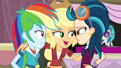 Size: 1280x720 | Tagged: safe, derpibooru import, screencap, applejack, dj pon-3, indigo zap, rainbow dash, vinyl scratch, equestria girls, friendship games, headphones