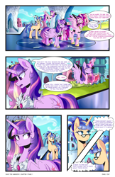 Size: 2301x3549 | Tagged: safe, artist:darlyjay, princess cadance, twilight sparkle, twilight sparkle (alicorn), oc, oc:atlas, oc:starfall sparkle, oc:sterling sentry, alicorn, pegasus, pony, unicorn, comic:save the harmony, book, comic, crystal empire, female, filly, glasses, magic, mare