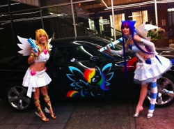 Size: 949x701 | Tagged: safe, rainbow dash, human, anarchy panty, anarchy stocking, belly button, car, clothes, cosplay, irl, irl human, itasha, midriff, panty and stocking with garterbelt, photo, skirt