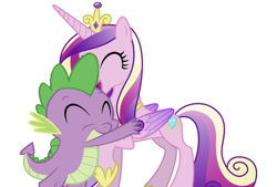 Size: 750x507 | Tagged: safe, edit, editor:undeadponysoldier, princess cadance, spike, alicorn, dragon, pony, crown, eyes closed, female, happy, hug, infidelity, jewelry, male, mare, one hoof raised, open mouth, regalia, shipping, simple background, smiling, spikedance, straight, white background