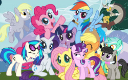 Size: 1280x800 | Tagged: safe, derpibooru import, applejack, bon bon, derpy hooves, discord, dj pon-3, fluttershy, lyra heartstrings, octavia melody, pinkie pie, rainbow dash, rarity, starlight glimmer, sweetie drops, twilight sparkle, vinyl scratch, earth pony, pegasus, pony, unicorn, female, mane six, mane six opening poses, mare