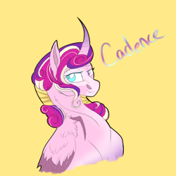 Size: 2350x2350 | Tagged: safe, artist:xxhuntersguardianxx, part of a set, princess cadance, alicorn, pony, bust, coat markings, colored wings, curved horn, female, hair tie, heterochromia, horn, lidded eyes, looking sideways, mare, redesign, simple background, solo, wing claws, wings, yellow background