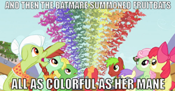 Size: 670x351 | Tagged: safe, apple bloom, granny smith, rainbow dash, fruit bat, pegasus, pony, batman, image macro