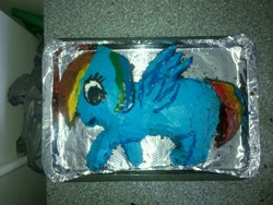 Size: 960x720 | Tagged: safe, rainbow dash, pegasus, pony, blue coat, cake, female, mare, multicolored mane