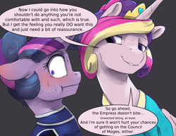 Size: 1650x1275 | Tagged: safe, artist:silfoe, princess cadance, twilight sparkle, alicorn, pony, alternate hairstyle, alternate universe, duo, female, gray background, implied nightmare moon, mare, moonsetmlp, simple background, speech bubble