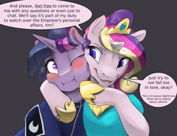 Size: 1650x1275 | Tagged: safe, artist:silfoe, princess cadance, twilight sparkle, alicorn, pony, alternate hairstyle, alternate universe, clothes, duo, female, gray background, hoof shoes, implied nightmare moon, mare, moonsetmlp, one eye closed, simple background, speech bubble