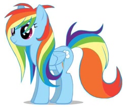Size: 481x406 | Tagged: safe, rainbow dash, pegasus, pony, alternate hairstyle, blue coat, female, mare, multicolored mane, simple background, solo, white background, wings