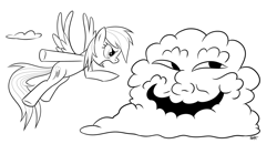 Size: 1080x560 | Tagged: safe, artist:sorcerushorserus, rainbow dash, pegasus, pony, cloud, meme, monochrome, trollface