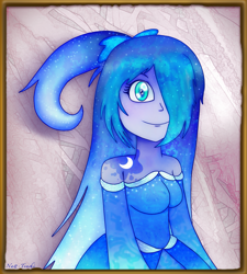 Size: 1203x1338 | Tagged: safe, artist:natt-tenshi, princess luna, human, clothes, dress, female, hair over one eye, humanized, signature, smiling, solo