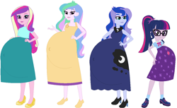 Size: 1091x669 | Tagged: safe, artist:selenaede, artist:sturk-fontaine, dean cadance, princess cadance, princess celestia, princess luna, principal celestia, sci-twi, twilight sparkle, vice principal luna, equestria girls, female, looking at you, preglestia, pregnant, pregnant equestria girls